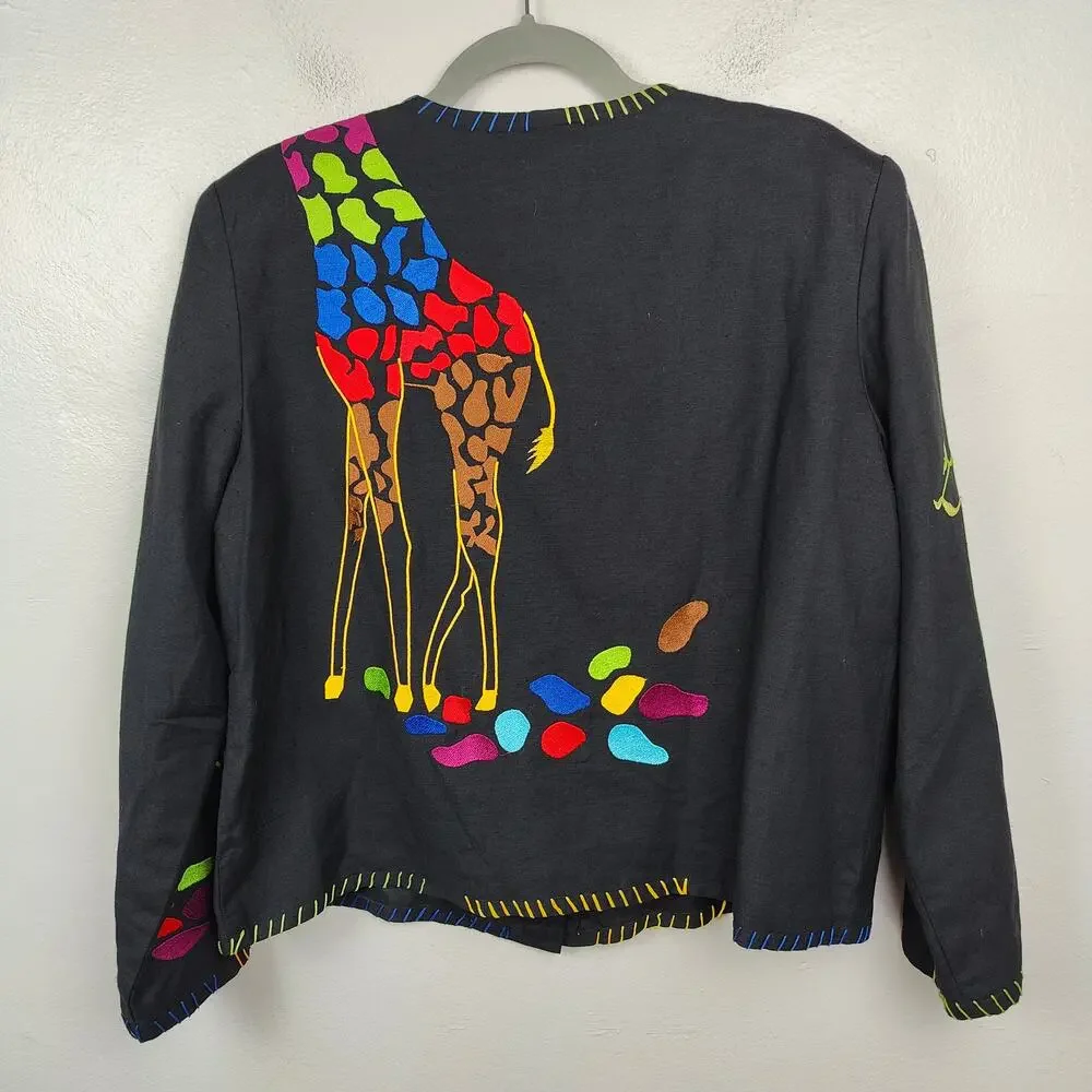 Vintage Drapers & Damons Giraffe Embroidered‎ Cardigan Womens Petite Large Black